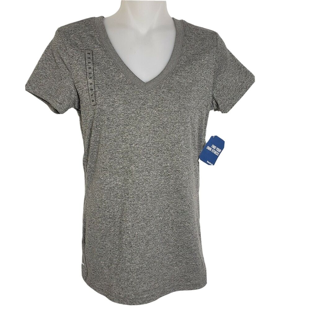 Reebok Womens T Shirt Sz XS Heather Gray Play Dry V Neck Vector Tee Short Sleeve